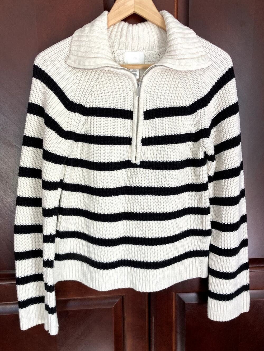 H&M -Coastal Old Money Nautical Rib Knit Cream Black Stripes Half-Zip Sweater-XS